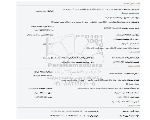 مزایده، مزایده مشاع ملک پلاک ثبتی 6531 فرعی از5اصلی بخش 3 سبزوار ادرس: خیابان نهضت -نهضت 18