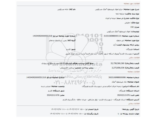 مزایده، اموال غیرمنقول*ملک مسکونی