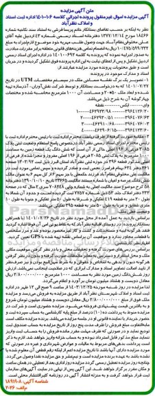 مزایده فروش ششدانگ یک قطعه زمین به مساحت 1000 متر مربع به پلاک ثبتی 2085 فرعی از 196