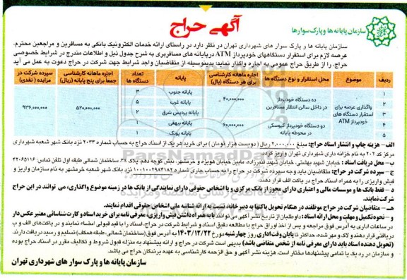حراج اجاره واگذاری عرصه برای استقرار دستگاههای خودپرداز ATM
