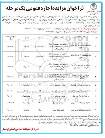 فراخوان مزایده اجاره عمومی مغازه و....