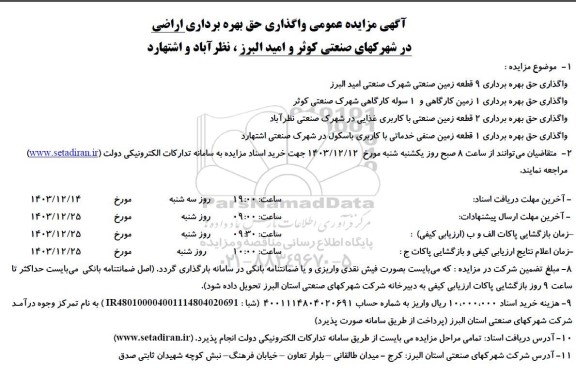 مزایده عمومی واگذاری حق بهره برداری اراضی در شهرکهای صنعتی