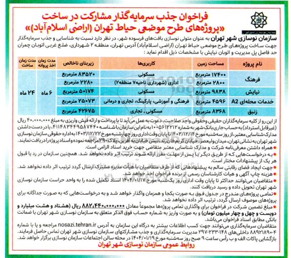 فراخوان جذب سرمایه گذار مشارکت در ساخت پروژه های طرح موضعی حیاط