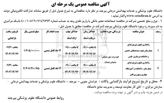مناقصه واگذاری طبخ و توزیع غذای بیمارستان ...