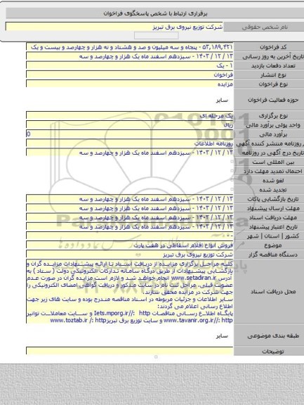 مزایده, فروش انواع اقلام اسقاطی در هفت پارت