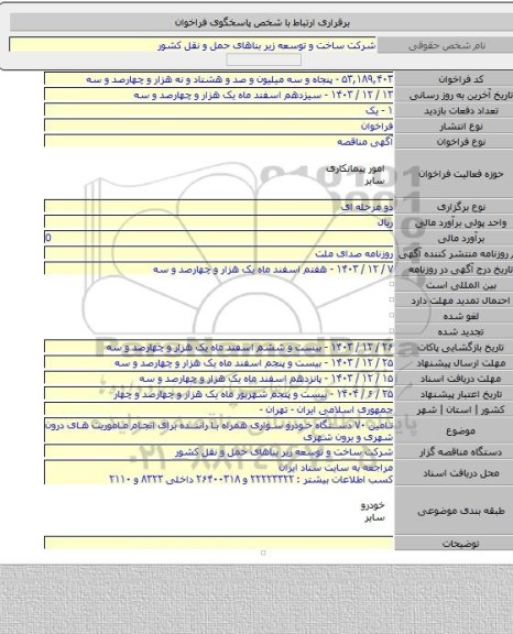 مناقصه, تامین ۷۰ دستگاه خودرو سواری همراه با راننده برای انجام ماموریت های درون شهری و برون شهری