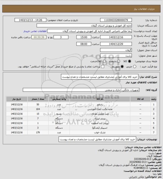 استعلام خرید کالا برای آموزش عشایری مطابق لیست مشخصات و تعداد پیوست