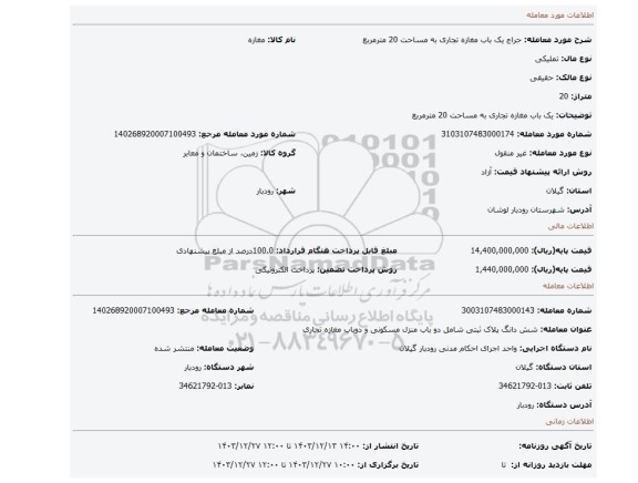 مزایده، یک باب مغازه تجاری به مساحت 20 مترمربع
