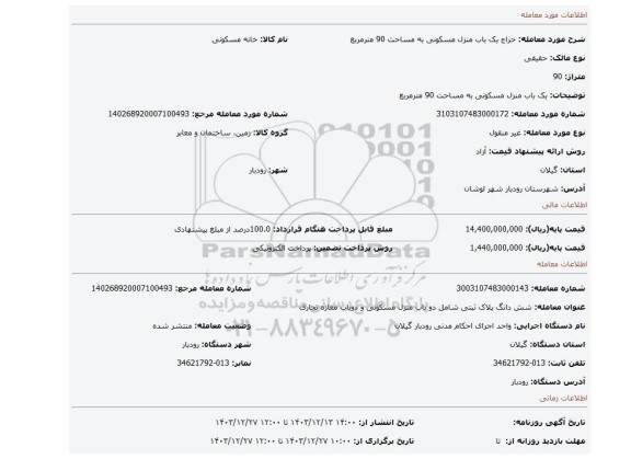 مزایده، یک باب منزل مسکونی به مساحت 90 مترمربع