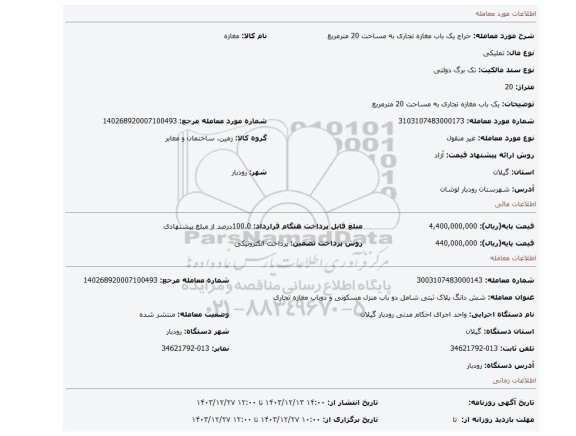 مزایده، یک باب مغازه تجاری به مساحت 20 مترمربع