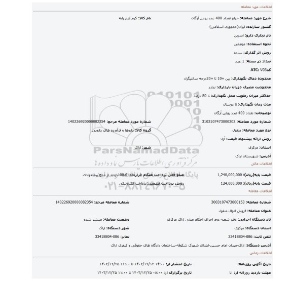مزایده، تعداد 400 عدد روغن آرگان
