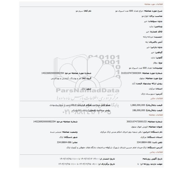 مزایده، تعداد 600 عدد اسپری مو