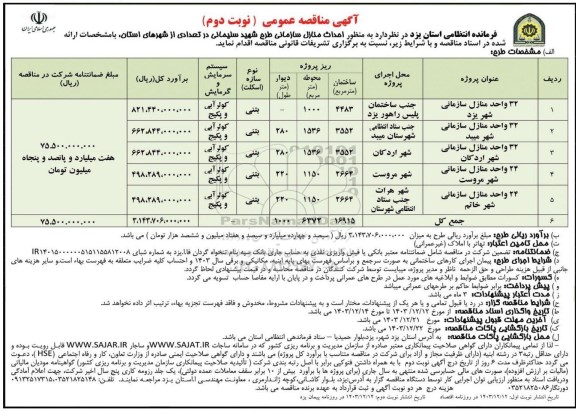 مناقصه  احداث منازل سازمانی...- نوبت دوم