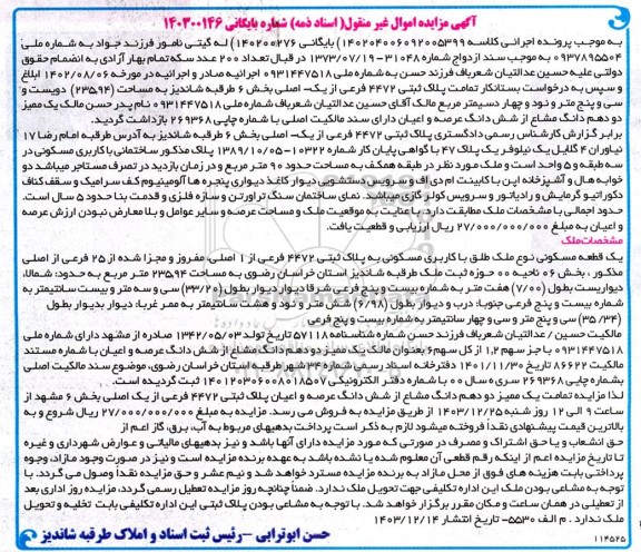 مزایده ملک با کاربری مسکونی در طبقه همکف به مساحت 90 مترمربع