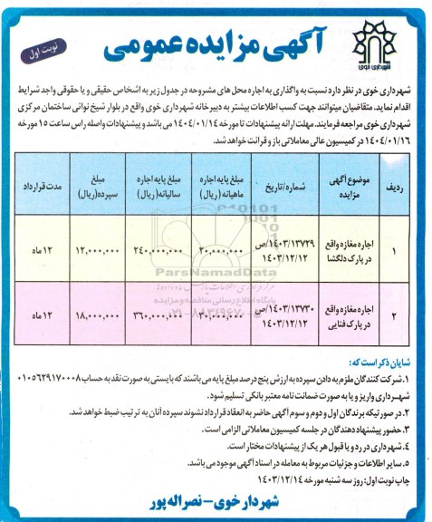 مزایده واگذاری به اجاره مغازه ...