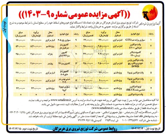 مزایده فروش 15 دستگاه انواع خودروهای اسقاط