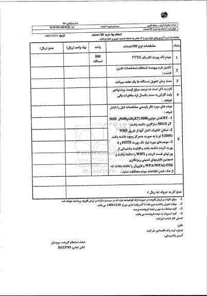 استعلام مودم تک پورت تک باند FTTH 