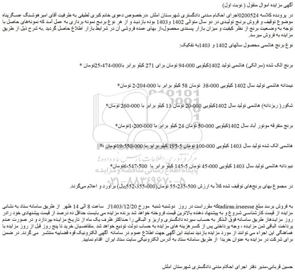 مزایده برنج الک شده (سرالکی) هاشمی