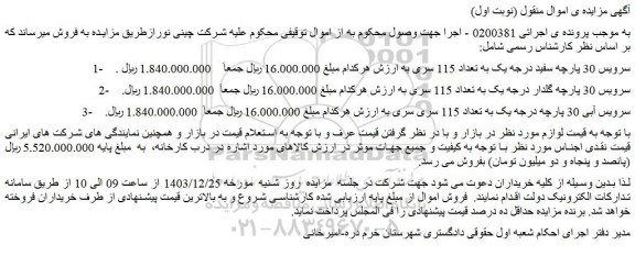 مزایده سرویس 30 پارچه سفید درجه یک به تعداد 115 سری