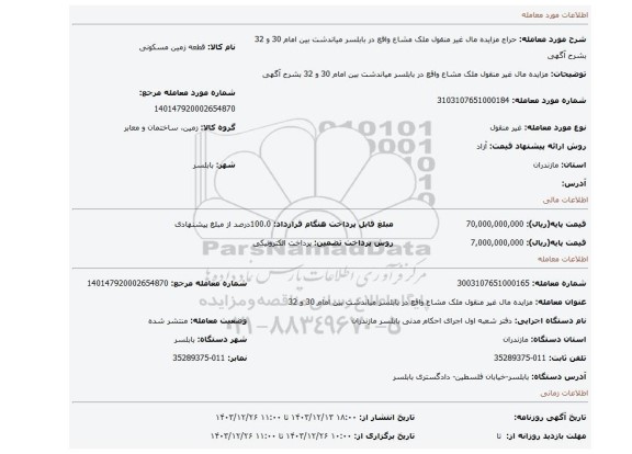 مزایده، مزایده مال غیر منقول ملک مشاع  واقع در بابلسر میاندشت بین امام 30  و 32  بشرح آگهی