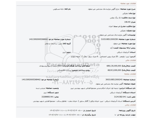 مزایده، آگهی مزایده مال مشاعی غیر منقول