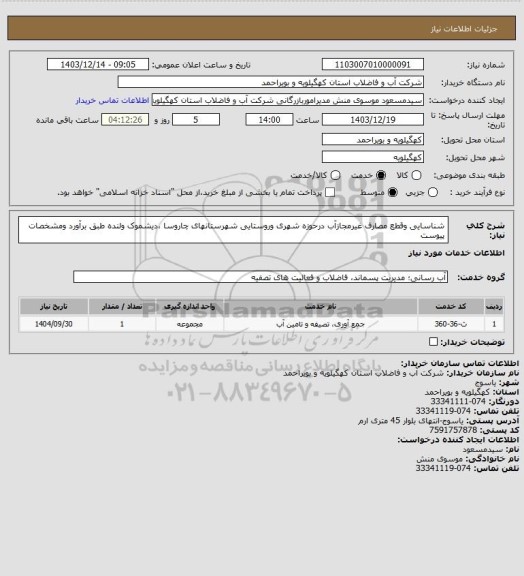 استعلام شناسایی وقطع مصارف غیرمجازآب درحوزه شهری وروستایی شهرستانهای چاروسا ،دیشموک ولنده طبق برآورد ومشخصات پیوست