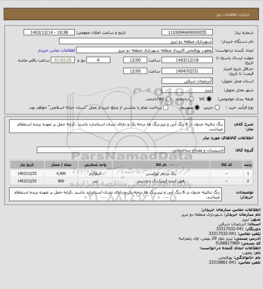 استعلام رنگ تنالیته جدول در 6 رنگ آبی  و تینر،رنگ ها درجه یک و دارای نشان استاندارد باشند ،کرایه حمل بر عهده برنده استعلام میباشد.