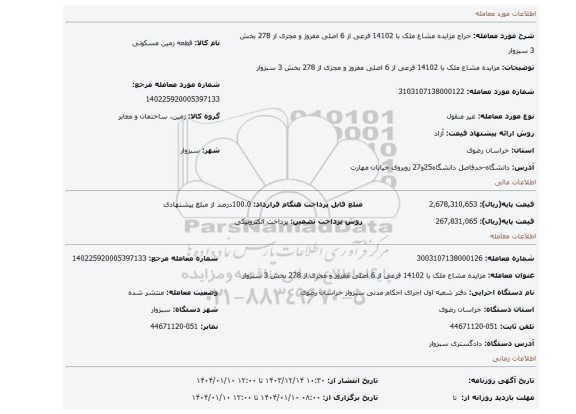 مزایده، مزایده  مشاع ملک با 14102 فرعی از  6 اصلی مفروز و مجزی از 278 بخش 3 سبزوار