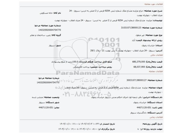 مزایده، مزایده مشاع ملک شماره ثبتی 9254 فرعی از 2 اصلی به ادرس: سبزوار - 24 متری انقلاب - چهارراه نهضت
