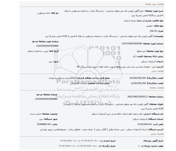 مزایده، آگهی فروش مال غیر منقول مشاعی - ششدانگ یکباب ساختمان مسکونی به پلاک 0 فرعی از 4129 اصلی بخش3 تبریز