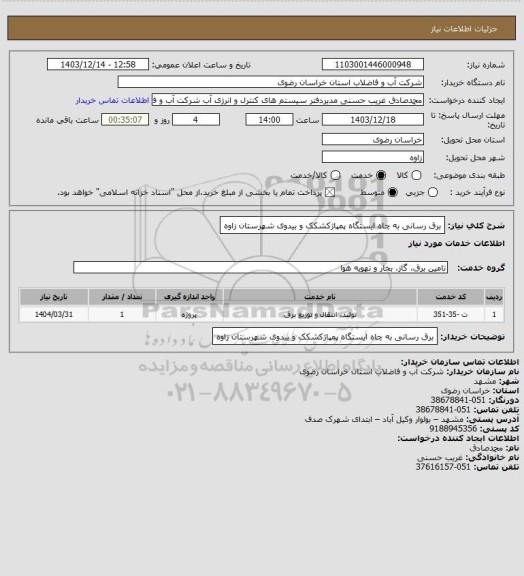 استعلام برق رسانی به چاه ایستگاه پمپاژکشکک و بیدوی شهرستان زاوه
