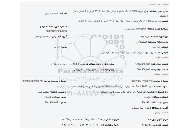 مزایده، میزان 1.7066 دانگ مشاع از شش دانگ پلاک 3315 فرعی از 3 اصلی بخش 4 کاشان