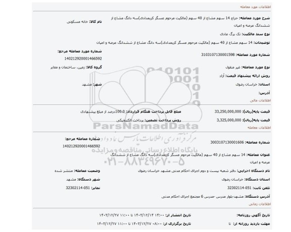 مزایده، 14 سهم مشاع از 40 سهم (مالکیت مرحوم عسگر کریمدادی)سه دانگ مشاع از ششدانگ عرصه و اعیان