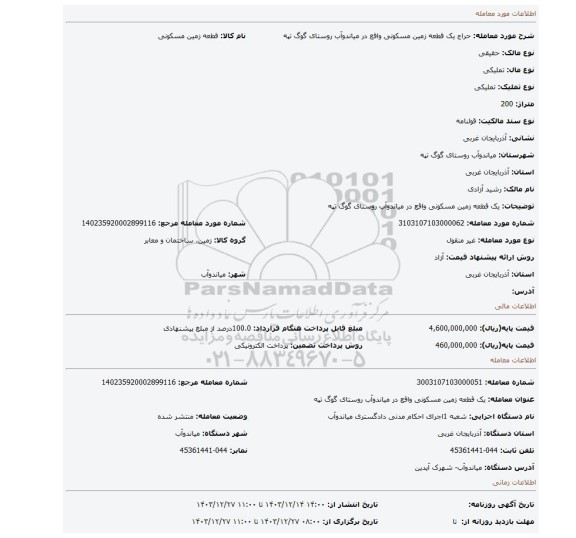 مزایده، یک قطعه زمین مسکونی واقع در میاندوآب روستای گوگ تپه