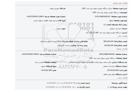 مزایده، دستگاه خودرو سواری پراید مدل 1387