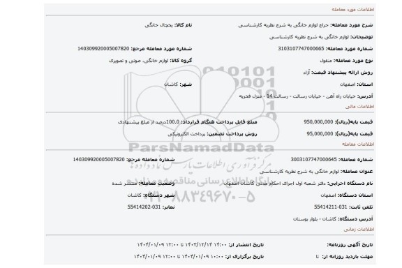 مزایده، لوازم خانگی به شرح نظریه کارشناسی