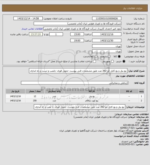 استعلام پچ پنل و پچ کابل نئو 262 عدد طبق مشخصات فنی پیوست -تحویل فوری -بانصب و تست و راه اندازی