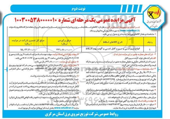 مزیده عمومی انواع سیم مسی و سیم و کابل (مسی و آلومینیوم) اسقاط نوبت دوم