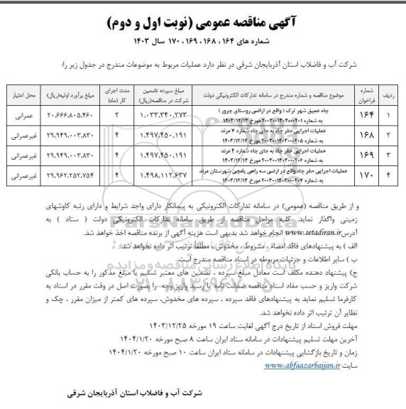 مناقصه عملیات چاه عمیق و....