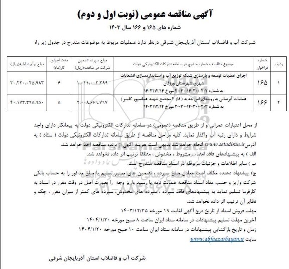 مناقصه اجرای عملیات توسعه و بازسازی شبکه توزیع آب و ... 