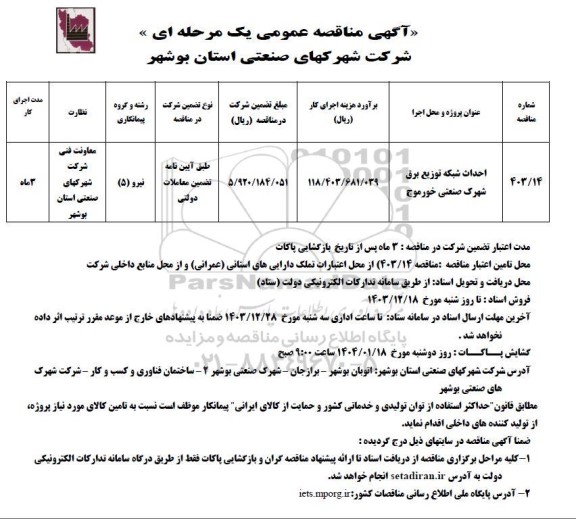 مناقصه احداث شبکه برق شهرک صنعتی
