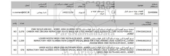 استعلام قطعات ویژه نسوز پاتیل فولادسازی