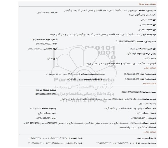 مزایده، فروش ششدانگ پلاک ثبتی شماره 954فرعی اصلی 1 بخش 15 به شرح گزارش کارشناسی و متن آگهی مزایده