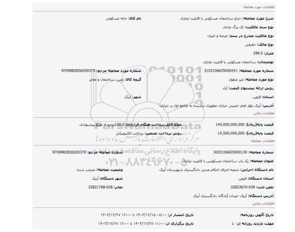 مزایده، ساختمان مسکونی با قابلیت تجاری