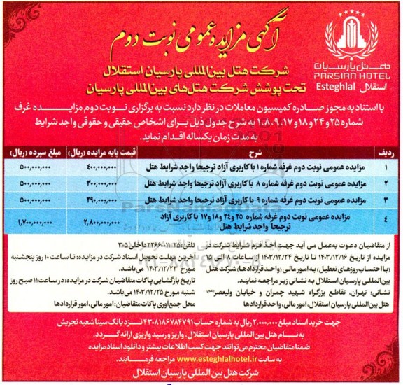 مزایده غرف شماره 25 و 24 و 18 و 17، 9، 8، 1 - نوبت دوم