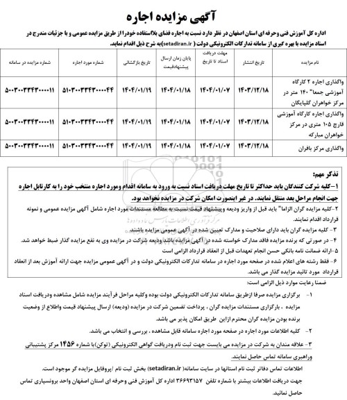 مزایده اجاره واگذاری اجاره 2 کارگاه آموزشی جمعا 140 متر در مرکز خواهران...