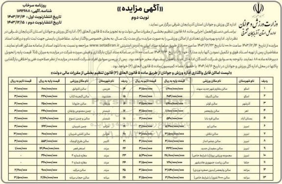 مزایده اداره و بهره برداری تعدادی از اماکن ورزشی - نوبت دوم