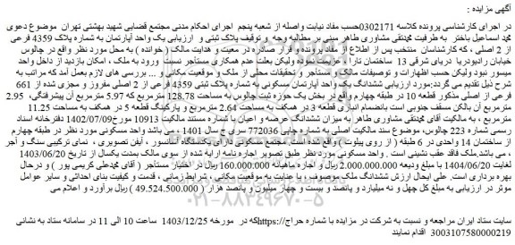 مزایده یک واحد آپارتمان به شماره پلاک 4359 فرعی از 2 اصلی