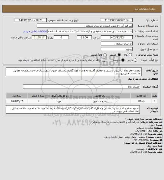 استعلام تجدید -حفر چاه آب شرب دستی و حفاری گالری به همراه کول گذاری روستای خرتوت شهرستان مانه و سملقان- مطابق مشخصات فنی پیوست