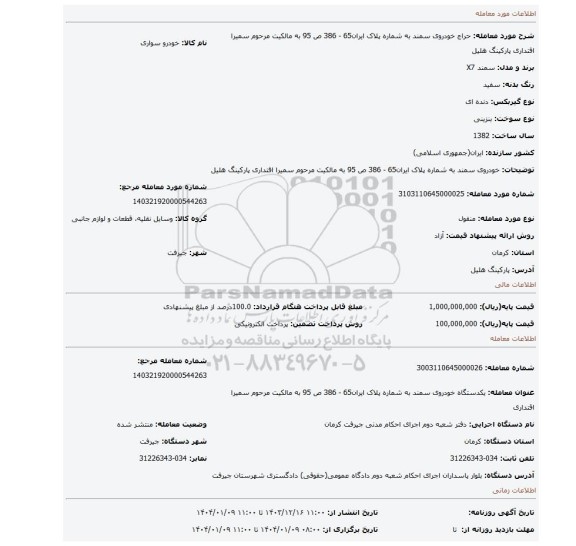مزایده، خودروی سمند به شماره پلاک ایران65 - 386 ص 95 به مالکیت مرحوم سمیرا اقتداری پارکینگ هلیل